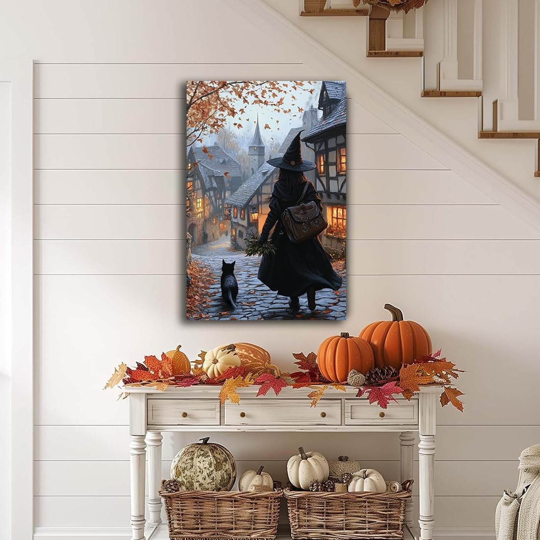 Autumn Witch And Black Cat Picture Wall Decor,Halloween Canvas Vintage Rustic Wall Art,Preppy Bedroom Living Room Bathroom Poster Print,16"x24" Unframed