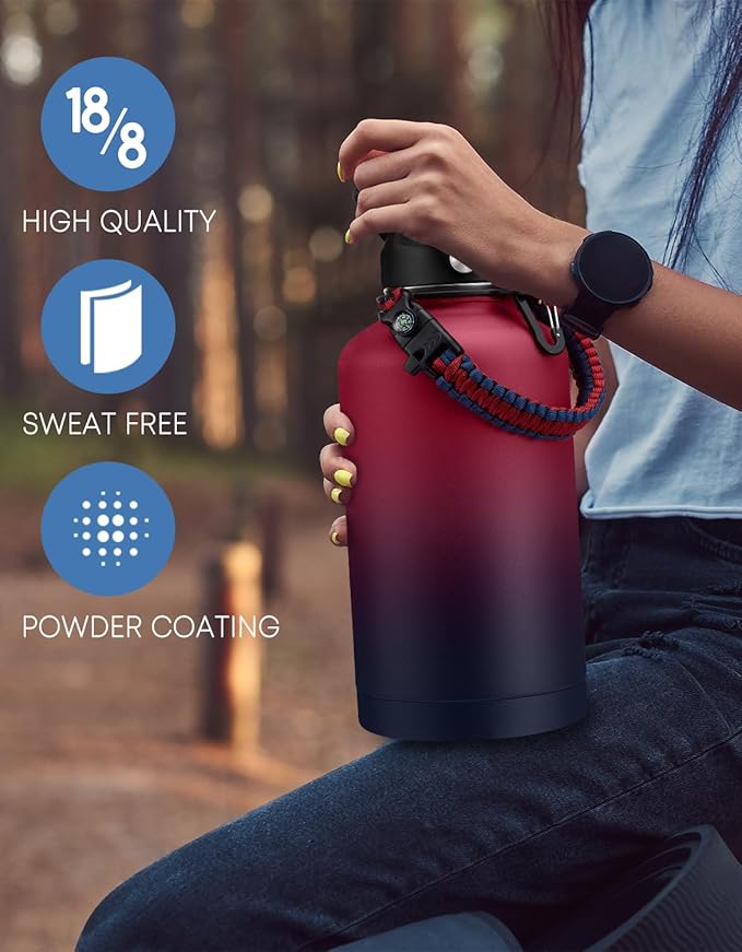 64oz Stainless Steel Water Bottles with Straw - Flex Lids, Shoulder Carrier Bag, Protective Cup Mat, 1/2 Gallon Metal Water Jug BPA Free, Vacuum Thermo Water Bottle for Women Men, Gym Outdoor Working