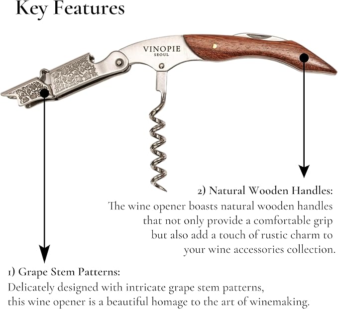 Professional Wood Grapevine Pattern Sommelier Knife With Navy Leather Wine Keyring with Ergonomic Wood Grip, Beer Bottle Opener Foil Cutter Waiters Corkscrew Wine Opener