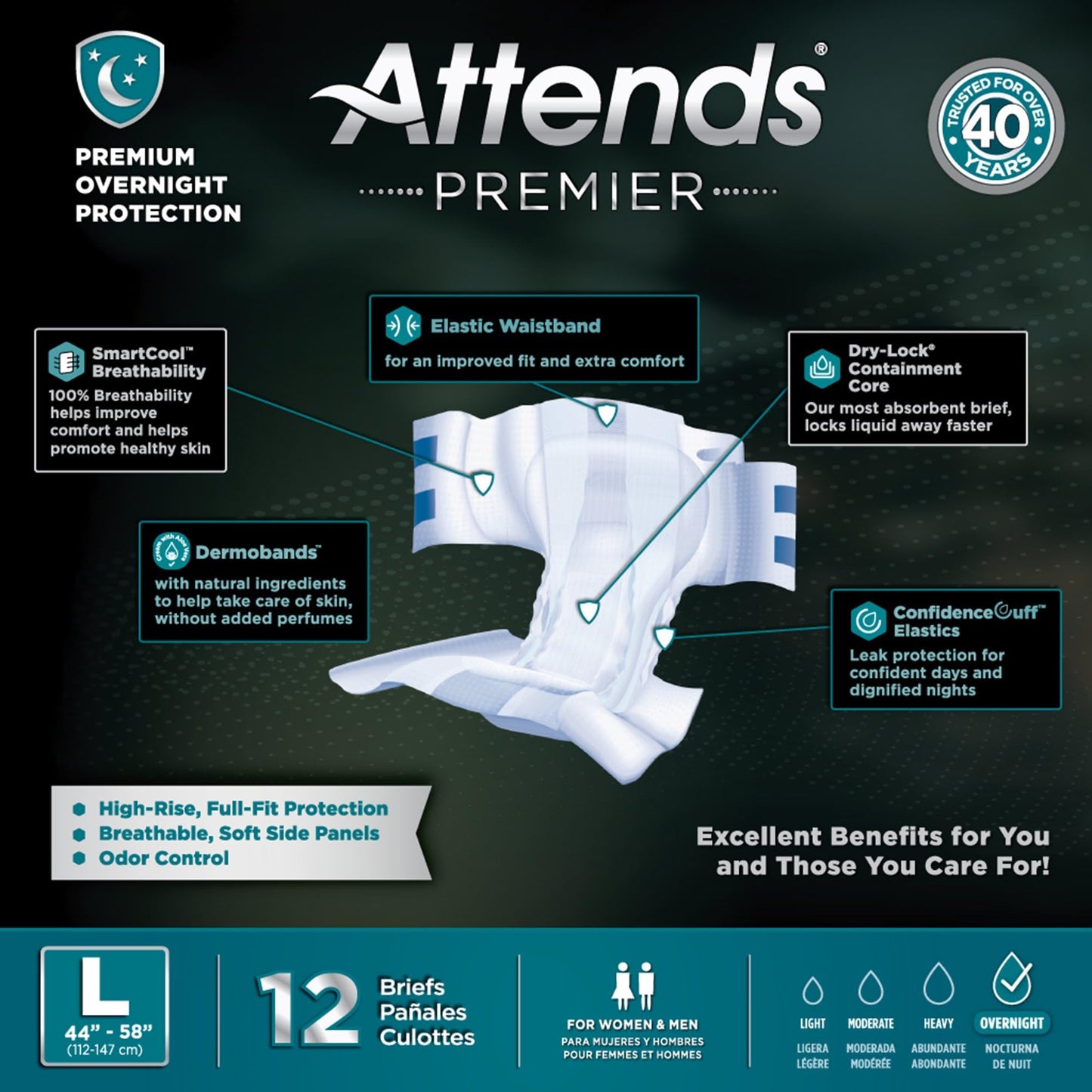 Attends Premier Adult Disposable SmartCool® Briefs, Large, 44-58" High-Rise Waist Tab Closure, Premium Overnight Dry-Lock Protection, Odor Control, 48ct Case