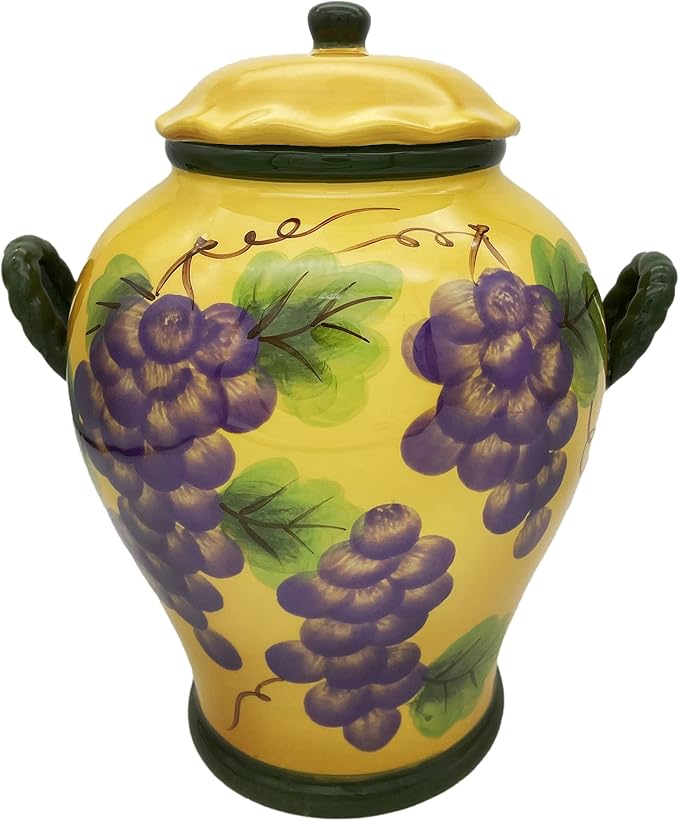ACK Tuscany Grape Hand Painted Ceramic Cookie Jar with Lid and and Rubber Seal, Food Storage Jar, Kitchen Décor, Snack Storage Container for Cookie, Candy