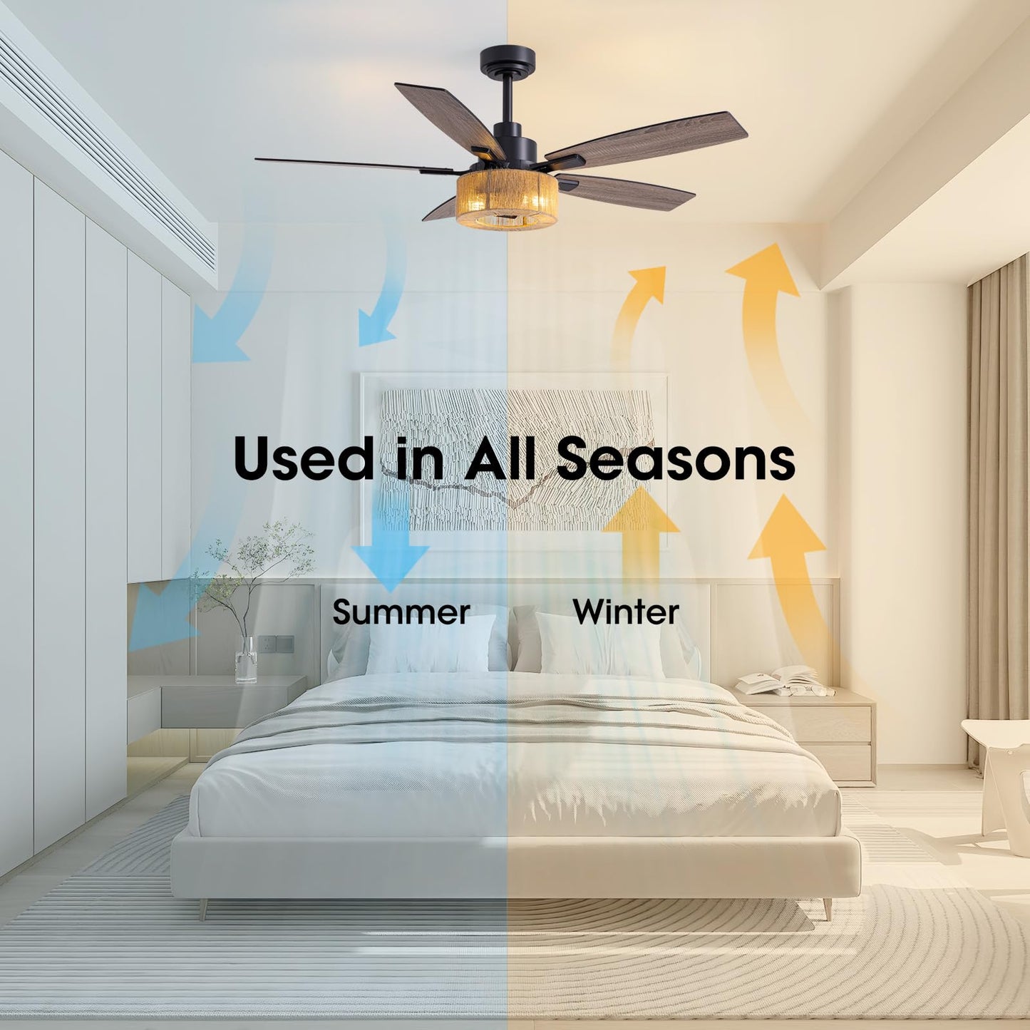 Luminfan 52 Inch Boho Black Hemp Ceiling Fans With Lights And Remote Control, Farmhouse Caged Rattan Ceiling Fan For Dining Room