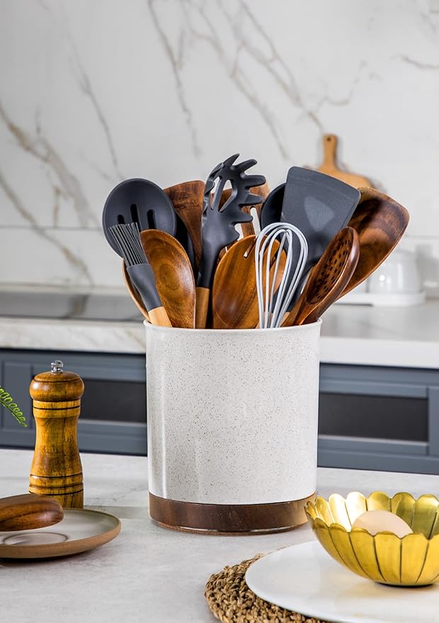 Nucookery 360°Rotating Utensil Holder, 7.2" Large Utensil Crock, Ceramic Cooking Utensil Organizer with Countertop-Protection Cork Bottom for Farmhouse Kitchen Decor Christmas Thanksgiving Gift (Sand)