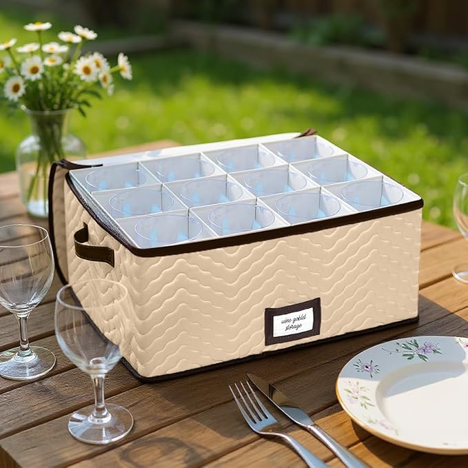 Wine Glass Storage Box with Dividers - Stemware Storage Case, Durable Quilted Microfiber Bin with Carry Handles, Protects Fine China - Durable Quilted Microfiber Bin with Carry Handles (1 Pack, Red Wine Glass)