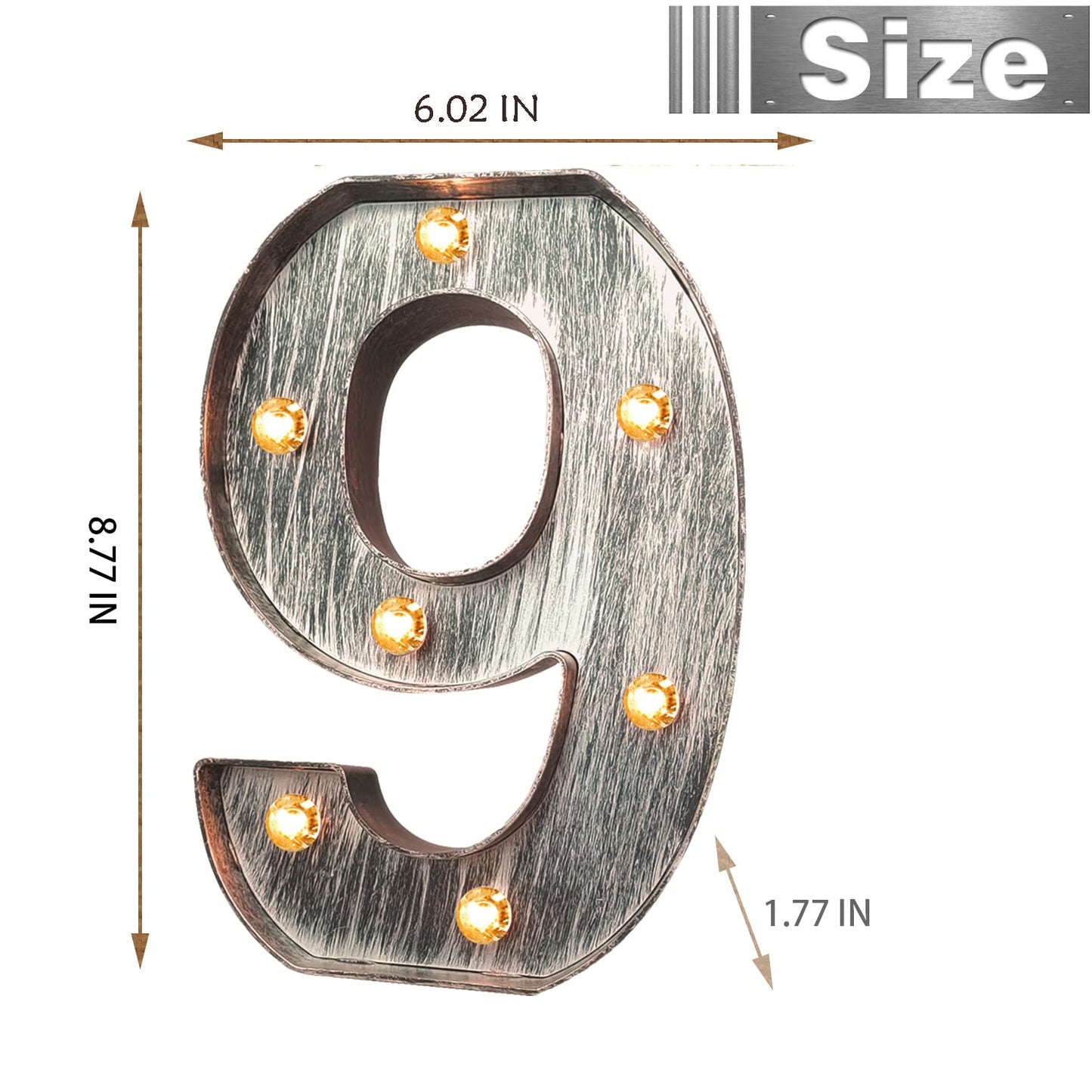 Glintee LED Number Lights Sign, Brushed Silver Gray, Battery Powered, Size 9 for Weddings and Parties