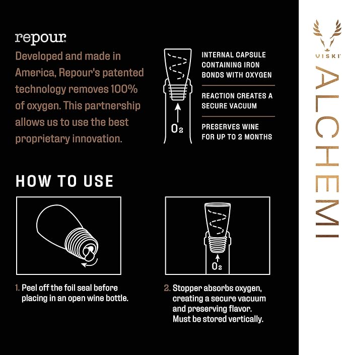 Alchemi Repour Wine Saver Stoppers - Easy to Use Vacuum Seal Stoppers - Removes Oxygen - Set of 6