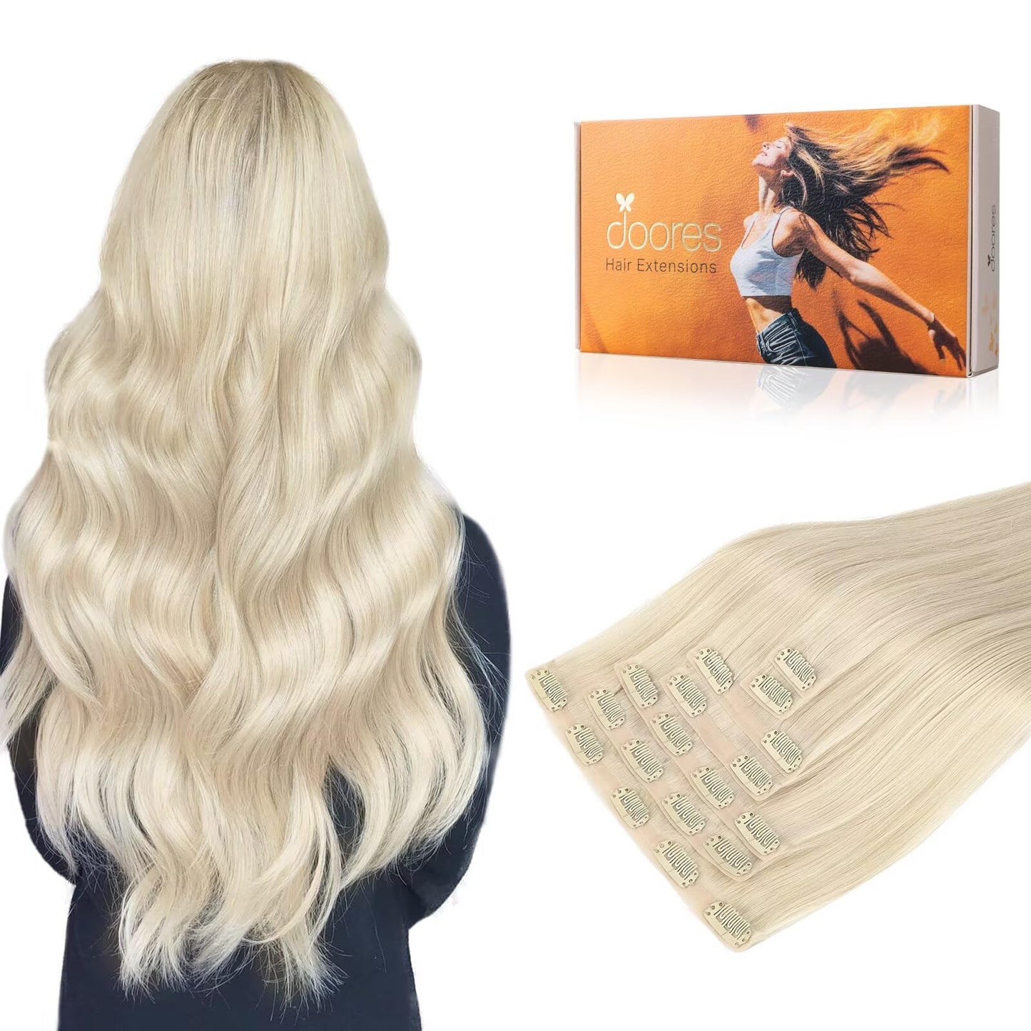 DOORES Clip in Hair Extensions, Platinum Blonde 150g 7pcs 22 Inch, Silky Straight Invisible Edge Human Hair Extensions for Women