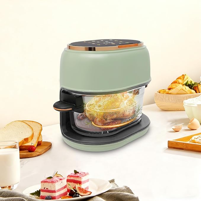 4.2QT/4L Air Fryer, Long Tray Design, Visible Glass Air Fryer, Temperature Control, 1-120min Timer, Touch Screen,1350W, Cook Shrimp, Steak, Fries, Wings, Chicken, Cake & More (Green)