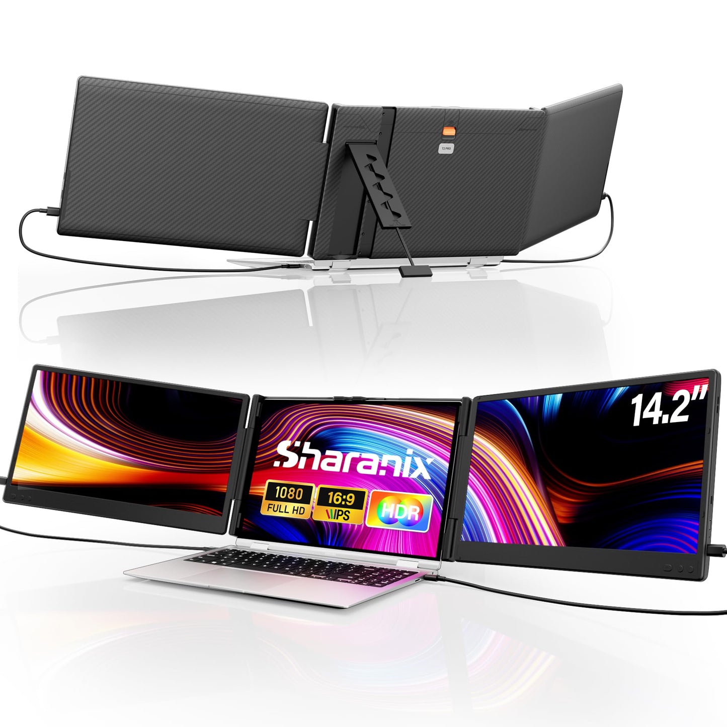 sharanix Laptop Screen Extender Portable Monitor, 14.2" 1080P FHD IPS Screen, Monitor Extender for Laptop, Fit for 13-17" Laptops, Plug & Play Compatiable with Wins/Mac/Android/Switch (Triple 14.2")