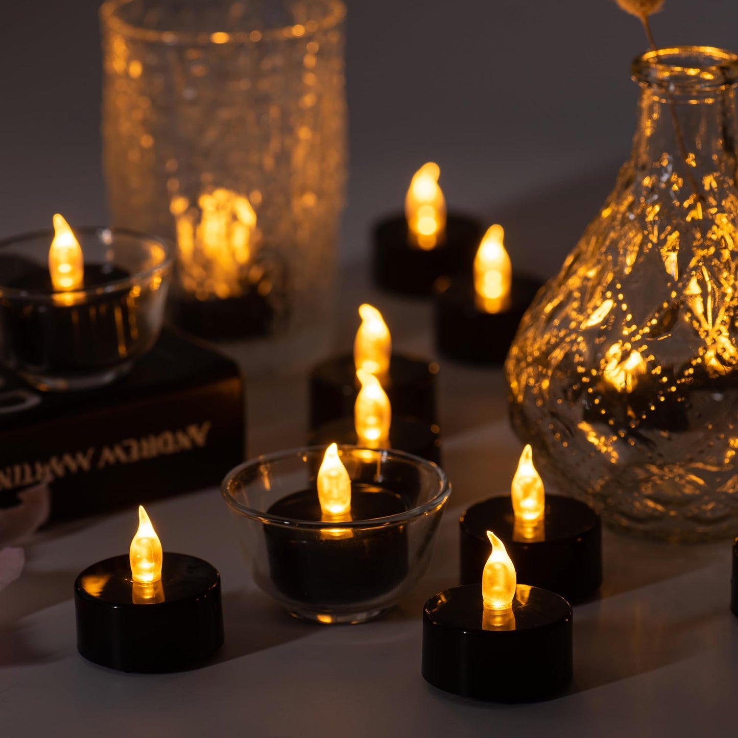 Pandaing Lasts 2X Longer Black Flameless Tealight Candles, 100 Pack, Batteries Included, Realistic Tea Lights Candles, Flickering Bright Tealights, Battery Operated Candles for Halloween Decorations