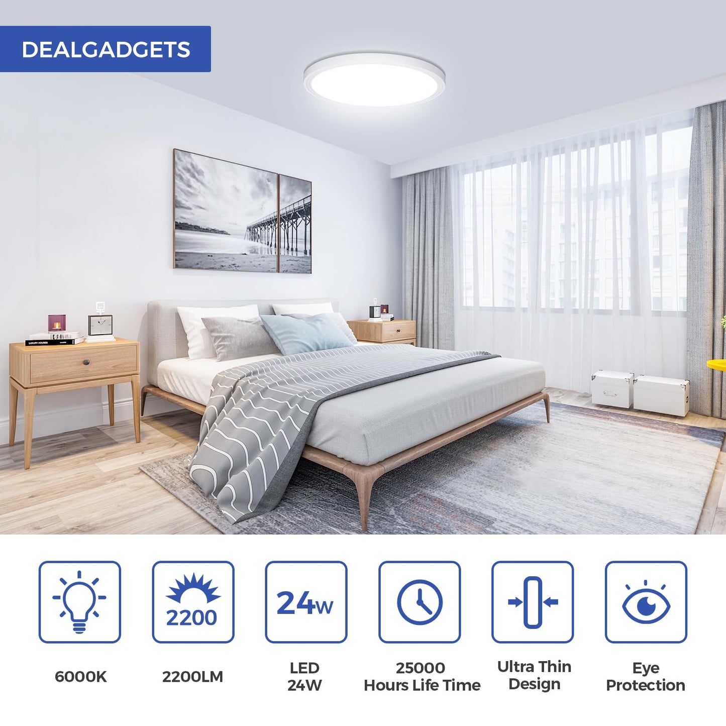 DEALGADGETS Flush Mount Ceiling Light, 24W Ultra Thin Round LED Lamp, 6000K, 2200LM, 9-Inch, White, Model DJ-XDD-US