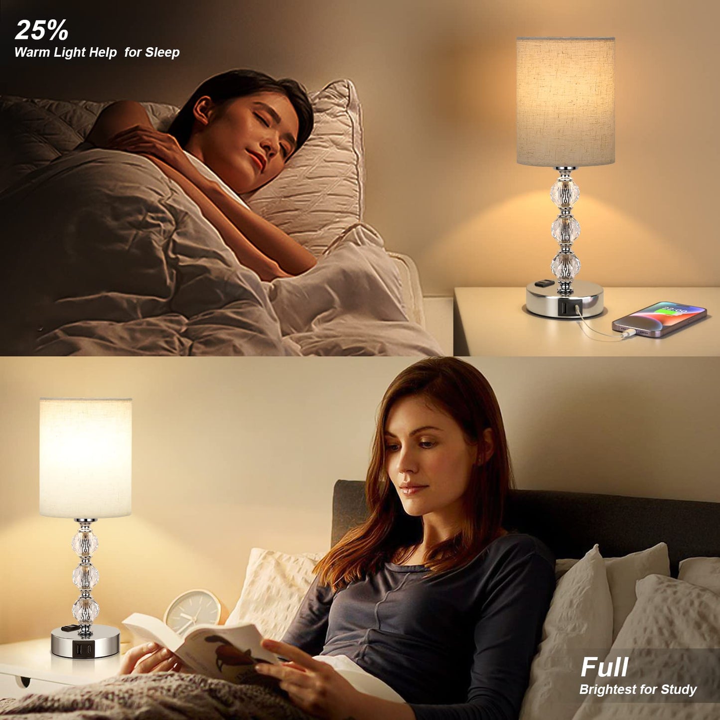 Acaxin White Crystal Table Lamp - 3-Way Dimmable With Usb C+A, 14.6In Nightstand Light For Bedroom, Living Room, Kitchen