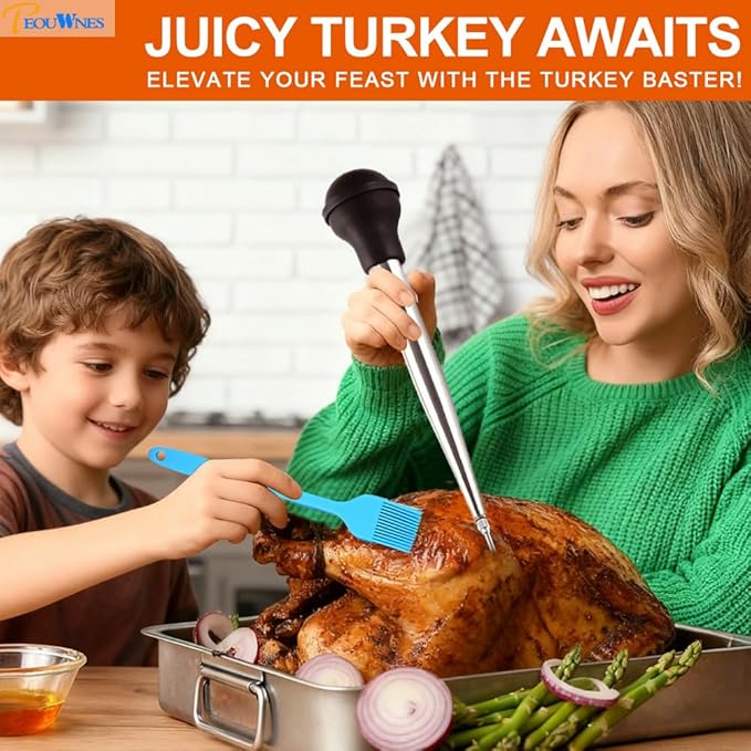 Stainless Steel Turkey Baster with Cleaning Brush & Needle, Black Meat Injector Set for Home Baking Kitchen Tool Cooking, Flavor Meat Poultry, Beef, Chicken