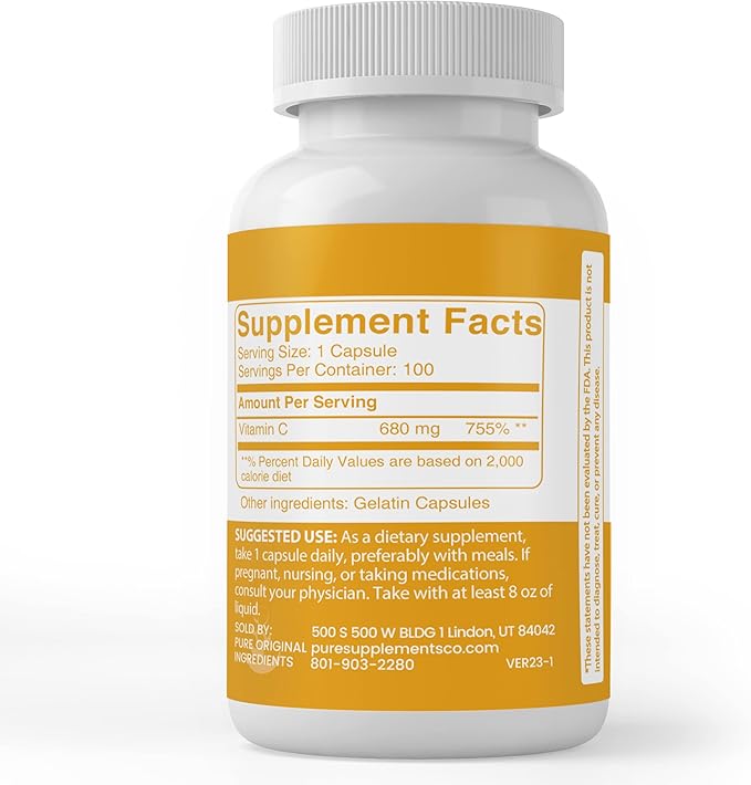 PURE ORIGINAL INGREDIENTS Vitamin C, (100 Capsules) Always Pure, No Additives Or Fillers, Lab Verified