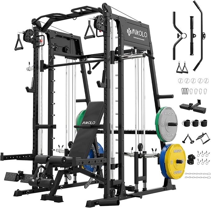 Mikolo Smith Machine, 2200lbs Squat Rack with LAT-Pull Down System & Cable Crossover Machine, Training Equipment with Leg ...