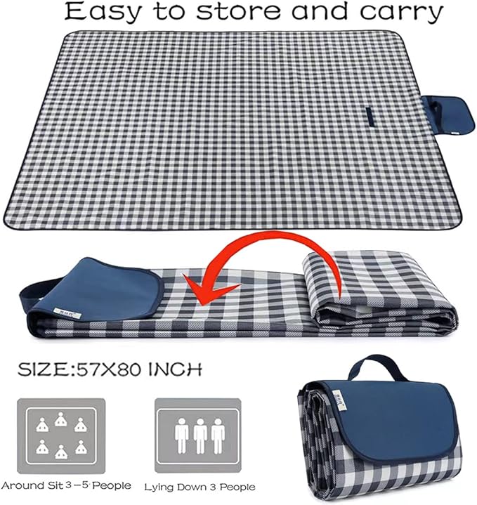 Outdoor Picnic Blanket, Foldable Waterproof Sand Beach Mat, Large 80x60in Beach Camping Hiking Travel Family Concerts Portable Beach Blankets (Dark Blue)