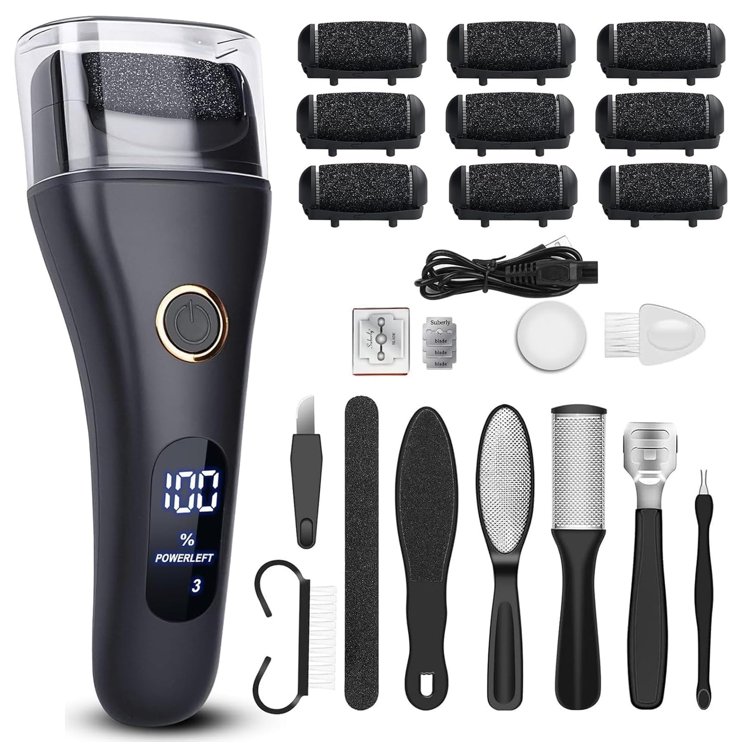Electric Foot File Callus Remover for Feet - 9pcs Larger Grinding Head&3Speed, Pedicure Kit Foot Scrubber Deadskin Callus Remove
