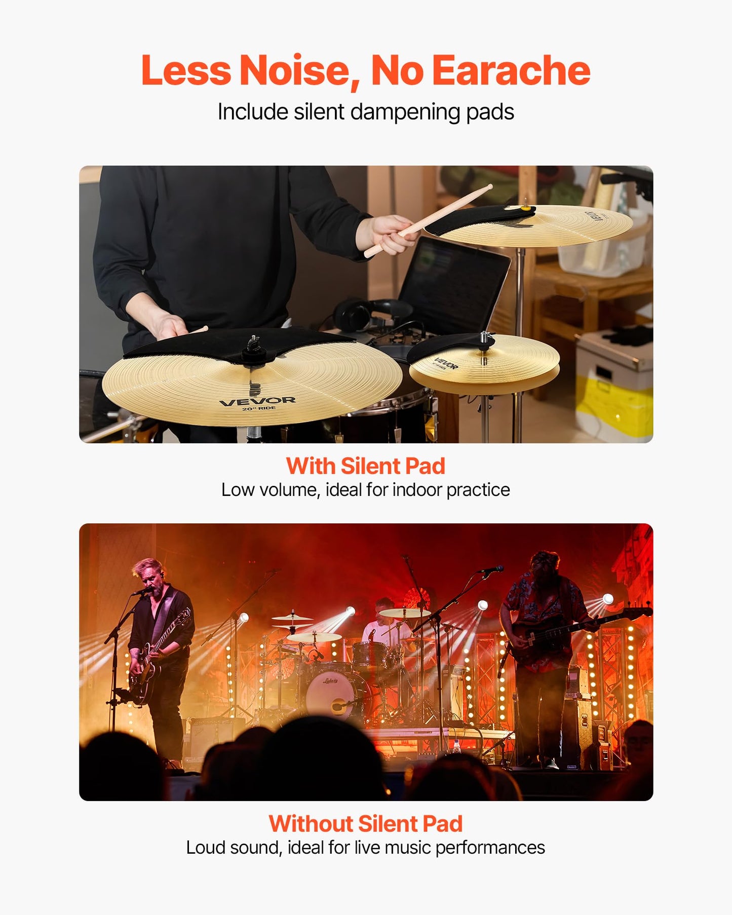 Vevor Cymbal Pack, 3 Pieces Cymbals For Drum Set, Alloy Cymbals Drum Set Includes 14-Inch Hi-Hats, 16-Inch Crash, 20-Inch Ride,