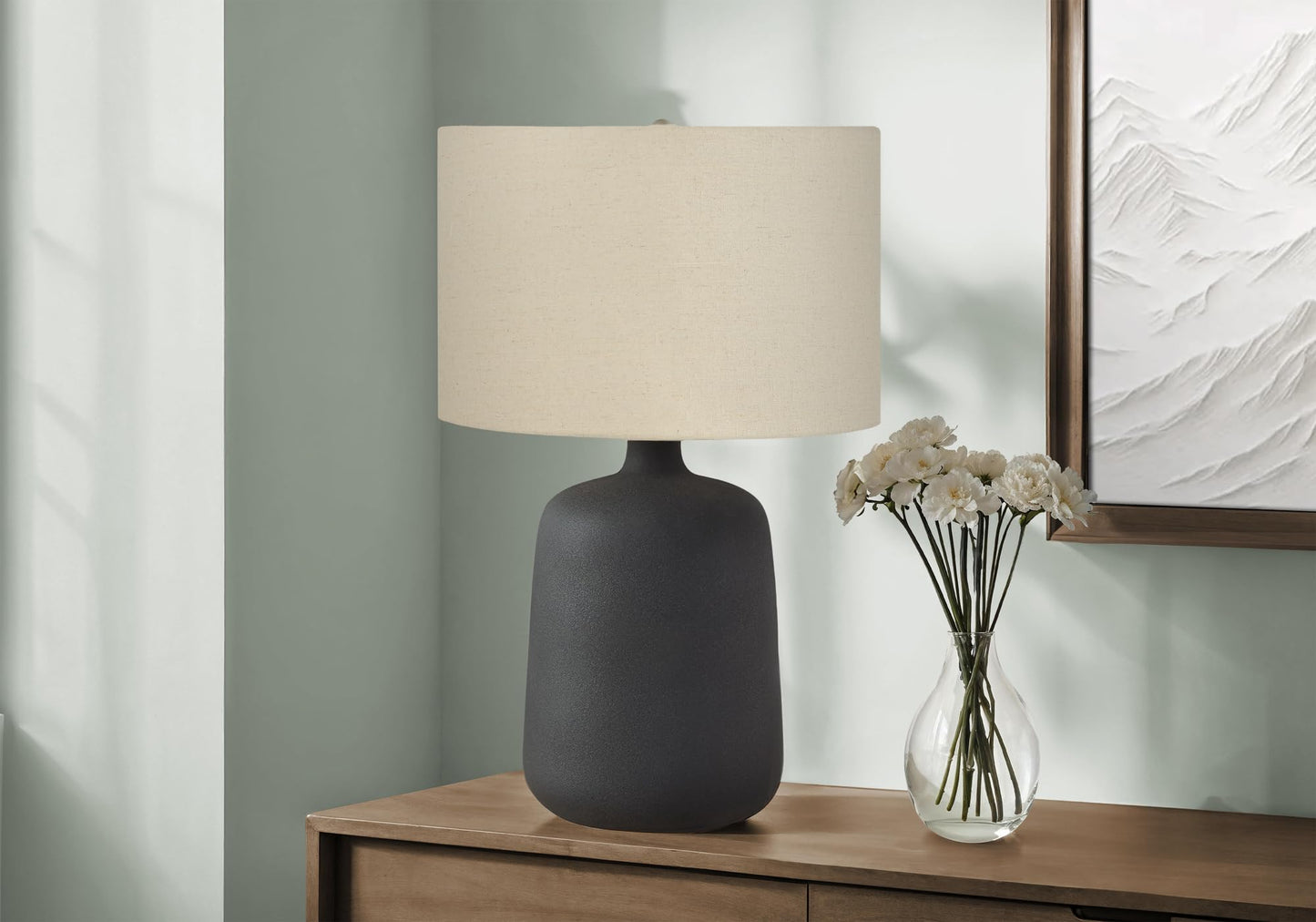 Monarch Specialties I 9635 Table Lamp, Black Ceramic, Beige Shade, 15inL x 15inW x 23.5inH