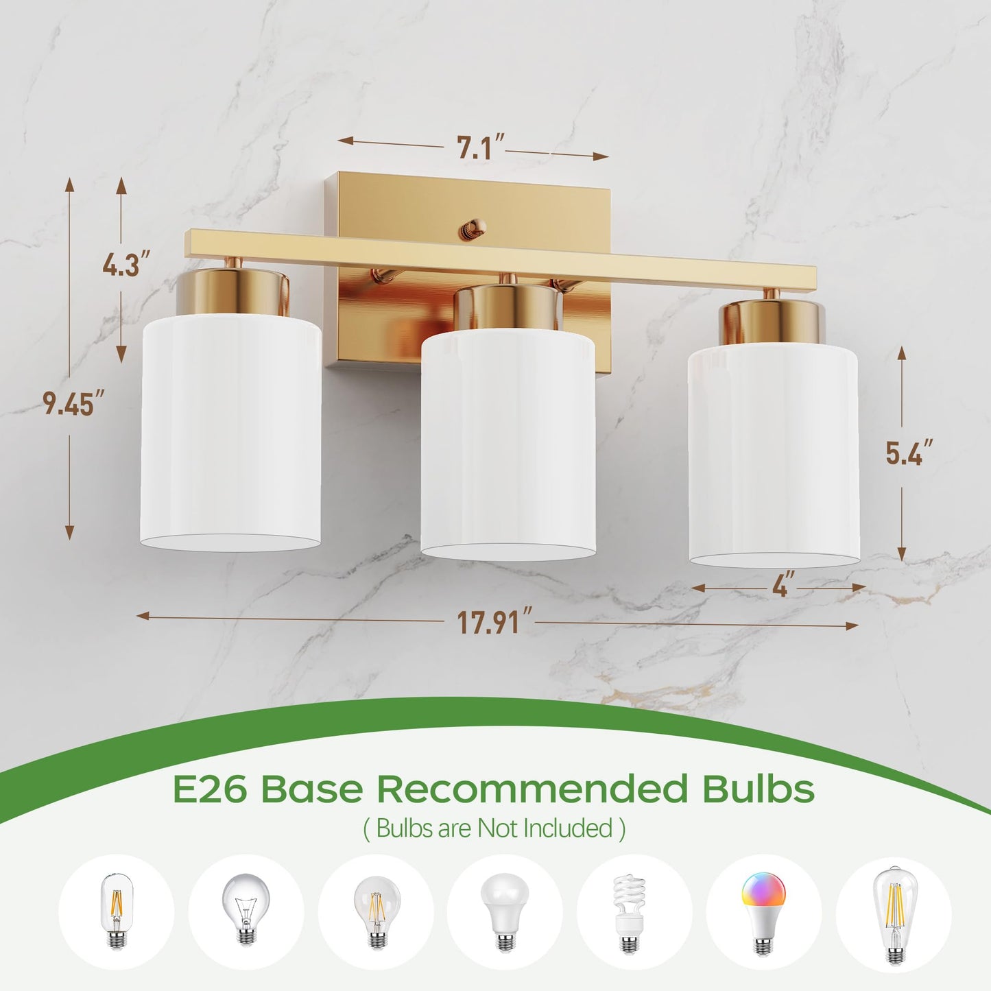 Partphoner 3-Light Brushed Gold Bathroom Light Fixtures  Modern Vanity Light Over Mirror Lighting  Wall Sconce With Frosted Milky White Glass Shades For Bedroom Living Room Kitchen Hallway