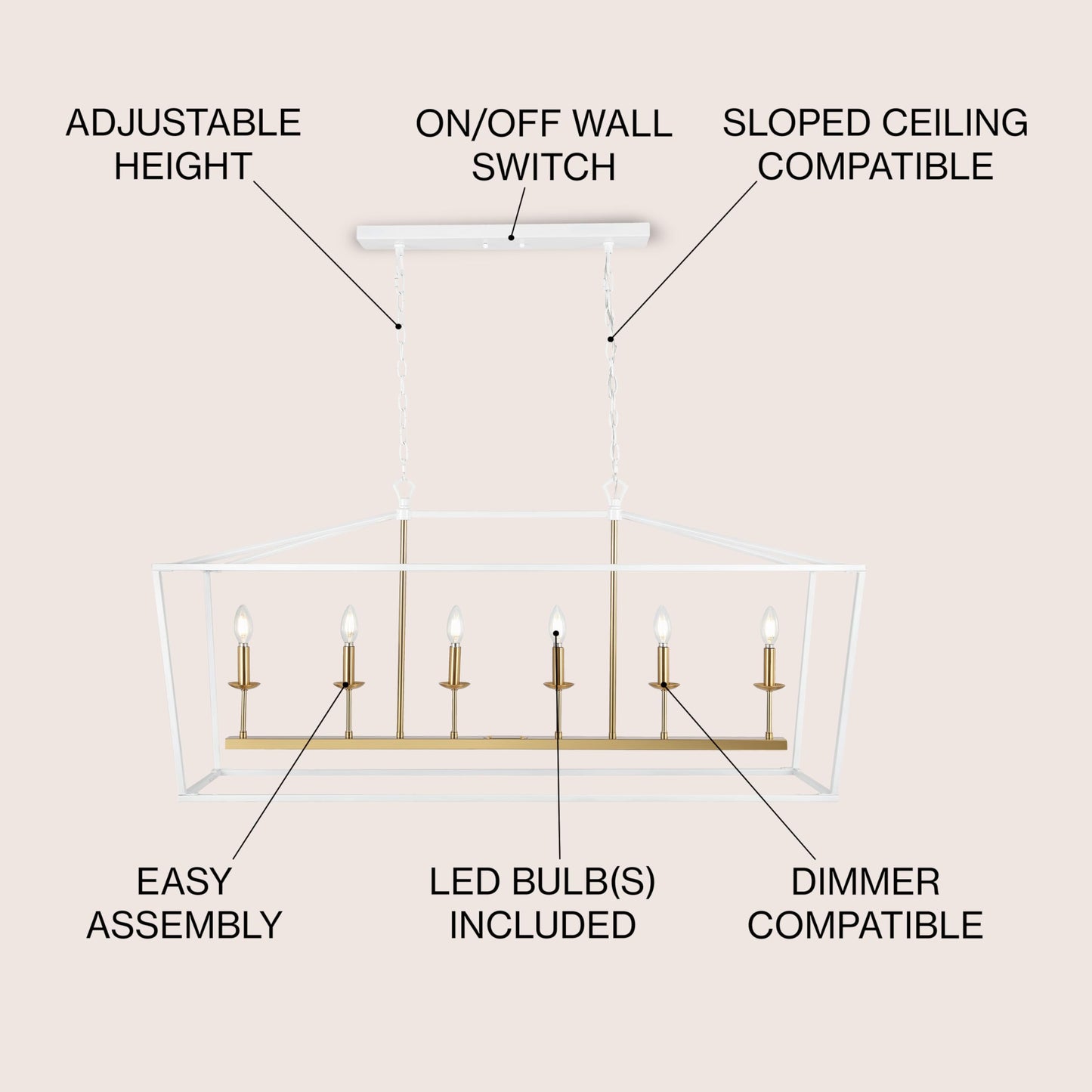 Jonathan Y 49 Metal Led Pendant Light, White/Brass Gold, Model Jyl7439E, Classic Traditional Design For Dining Room, Living Room, Kitchen