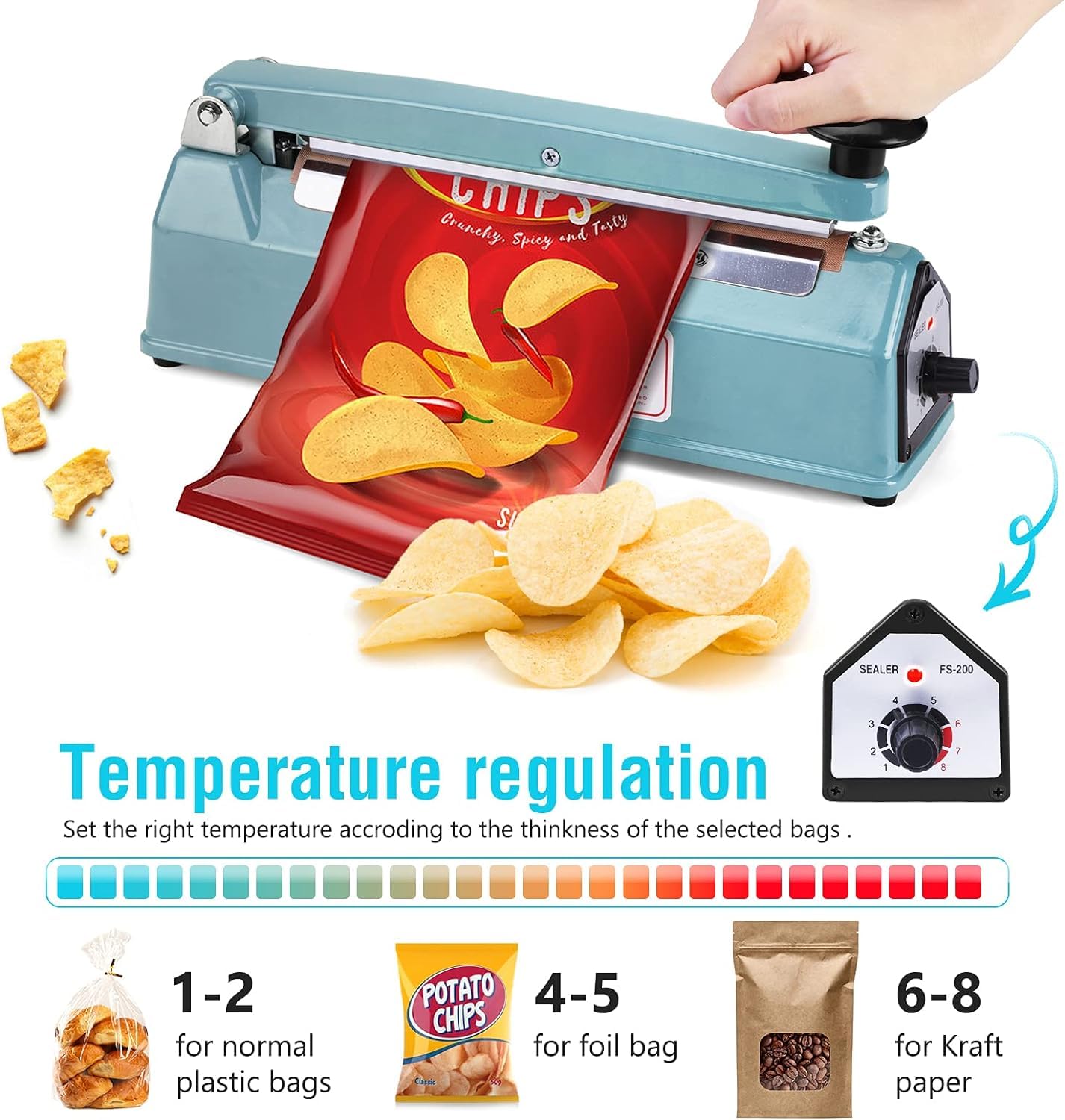 METRONIC Impulse Sealer 8 inch, Manual Heat Sealer Machine for Plastic Bags, Shrink Wrap Bag Sealers Heavy Duty Sealing Machine With Repair Kit, Blue(Pack of 6)