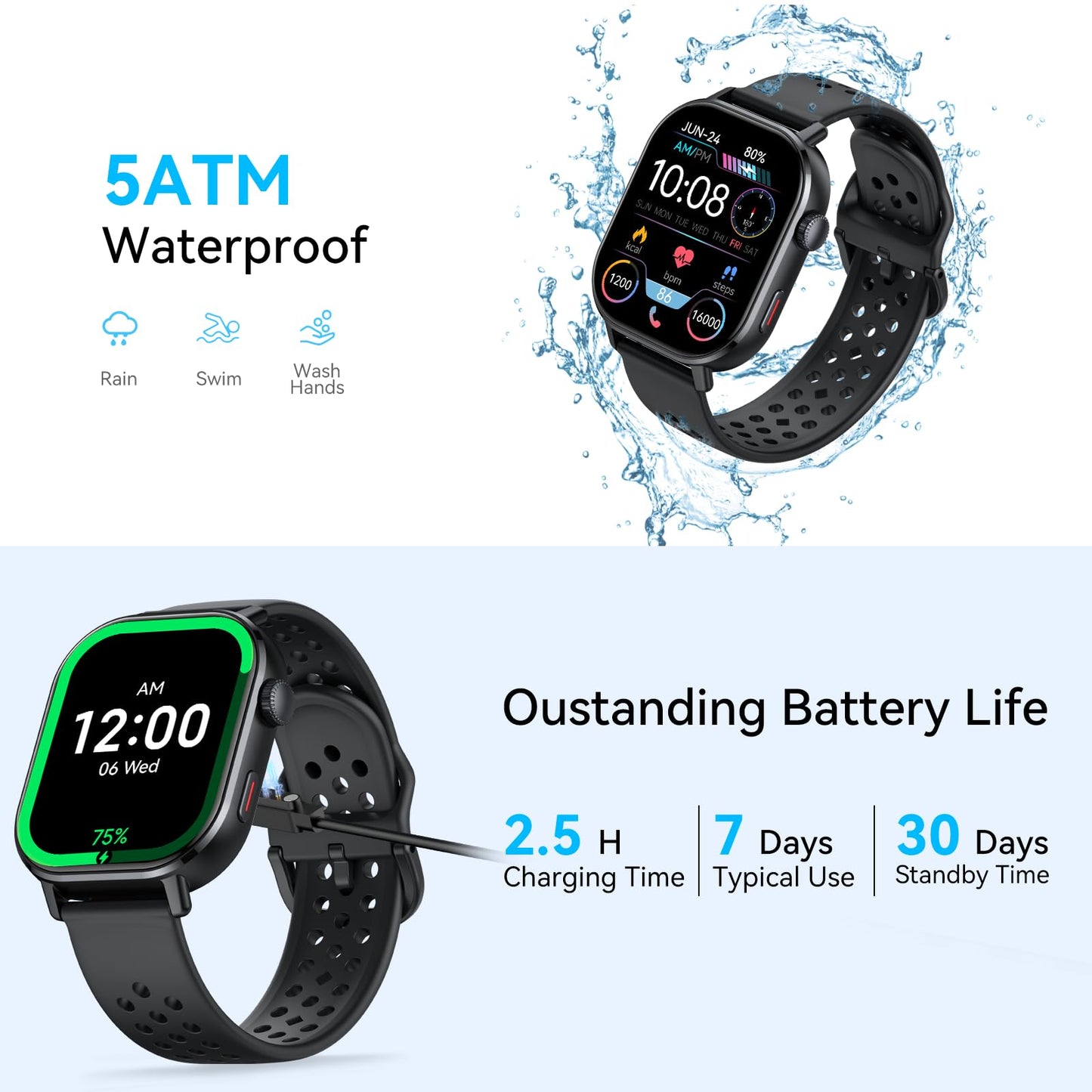 GPS Smart Watch for Men/Women, 2.06"HD AMOLED Smartwatch with Compass/Barometer/Altitude, Bluetooth Call ,110+Sports, 5 ATM Water-Resistance, Heart Rate/Sleep Monitor, Fitness Tracker for Android/iOS