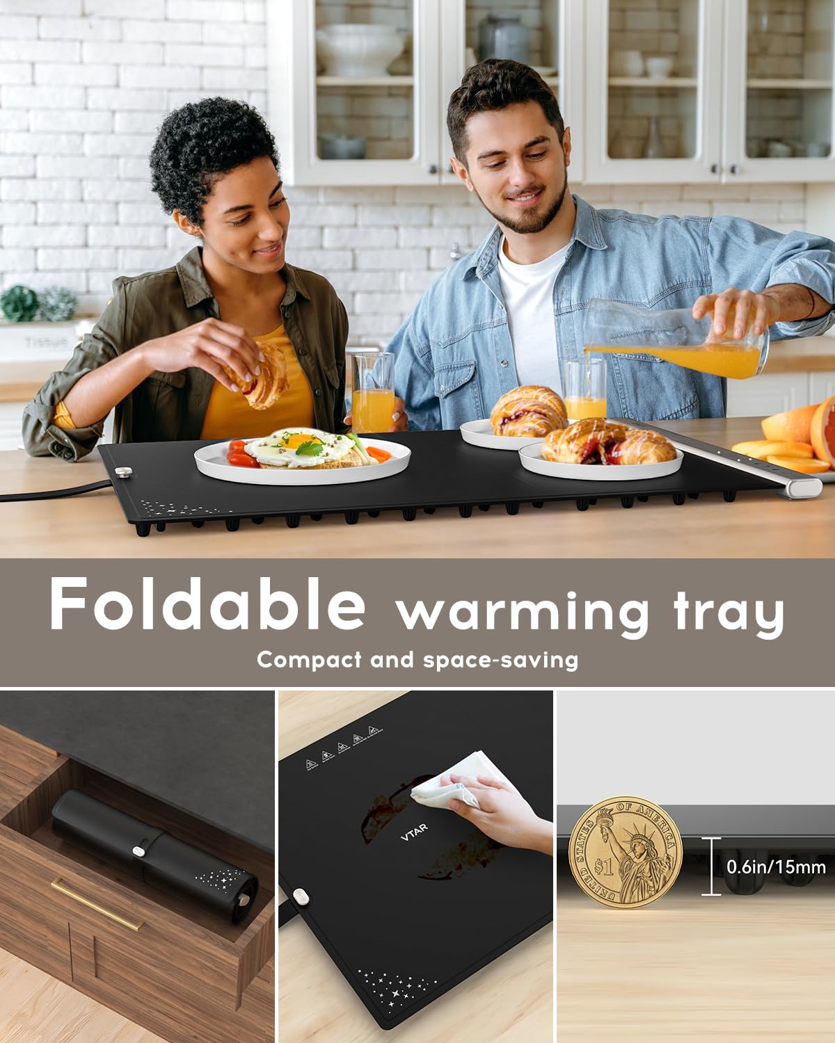 VTAR Electric Food Warming Mat Tray Warmer for Party Buffet Servers, Dual-Zone Heating with Independent Temperature Control, Hot Logic Heating Heater, Full Surface Keep Warm - Black