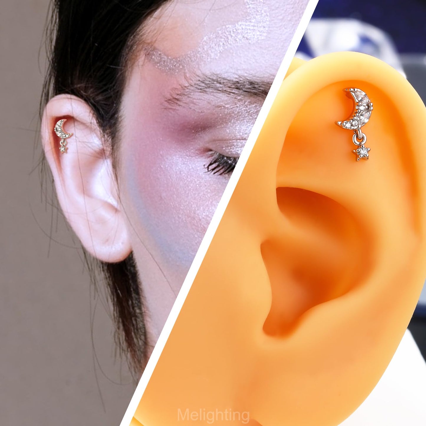 Melighting 16G Helix Earrings 316L Stainless Steel Tragus Stud Moon Clear CZ Cartilage Earring for Women Men Tragus Earrings Con