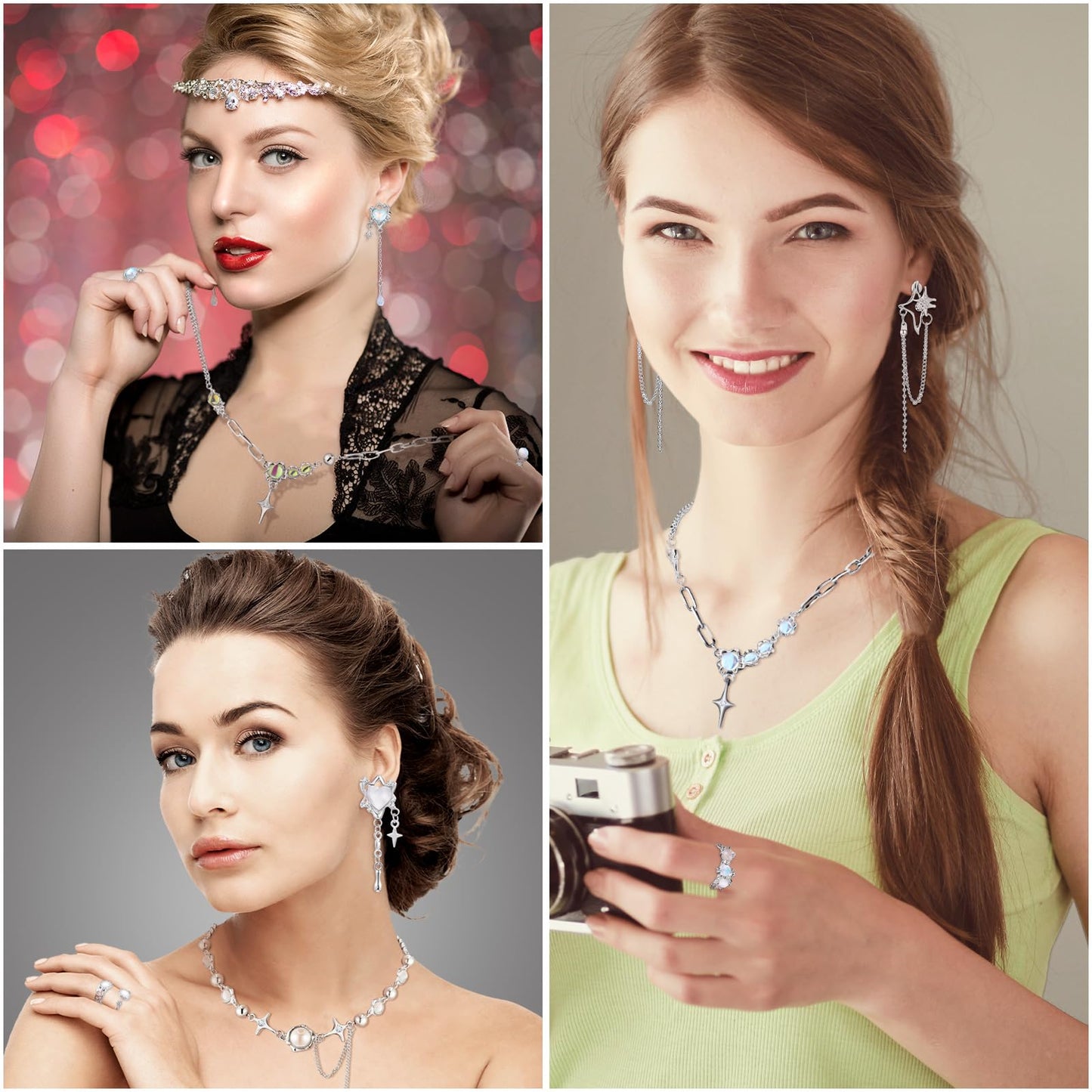 Tondiamo 12 Pcs Y2k Necklace Jewelry Set Y2k Star Moonstone Accessories Irregular Pendant Earrings Dangling Silver Rings Aesthetic Crystal Jewelry Gifts Indie Punk Rings Adjustable for Women