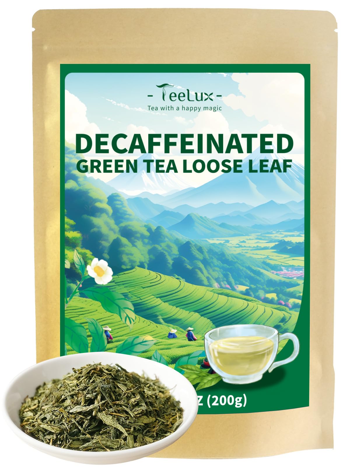 TeeLux Decaf Green Tea  CO2 Decaffeinated Green Tea Loose leaf  Delicate & Smooth Flavor  7oz
