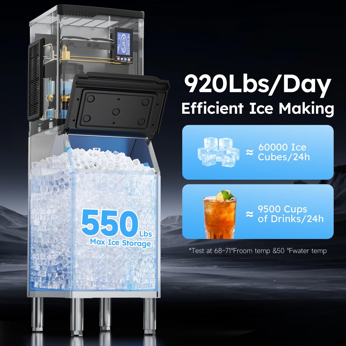 Commercial Ice Machine 920LBS/24H,Storage 550LBS,Large Industrial Ice Maker,Ice Ready in 5-15min,with Self-Cleaning Mode,with Timing Function,30 Levels of Ice Thickness Adjustment,Stainless Steel