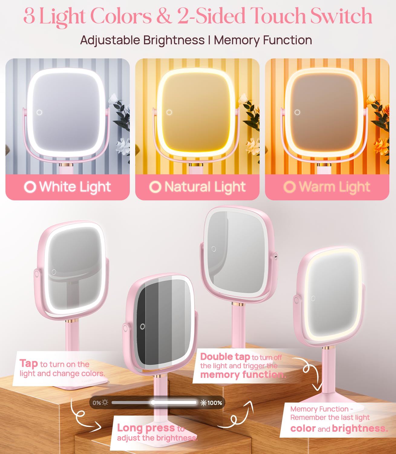 Gospire Rectangle Lighted Makeup Mirror with Lights 3 Color, Height Adjustable and 1X/10X Magnifying, 4000mAh Rechargeable Batte