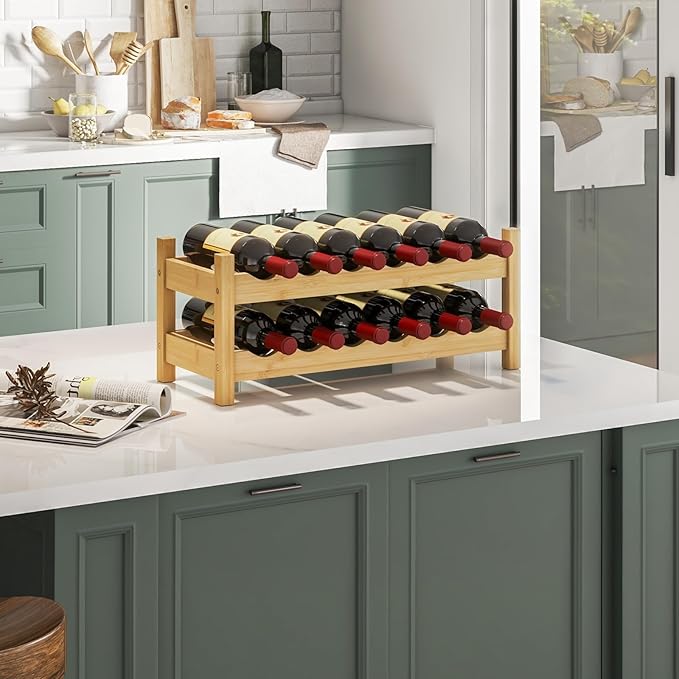 Giantex Bamboo Wine Rack, 2 Tier 12 Bottle Wine Storage Cabinet Shelf, Small Wine Rack Bottle Organizer Freestanding Counter, Countertop Wine Racks for Kitchen, Bar, Pantry & Wine Cellar, Natural