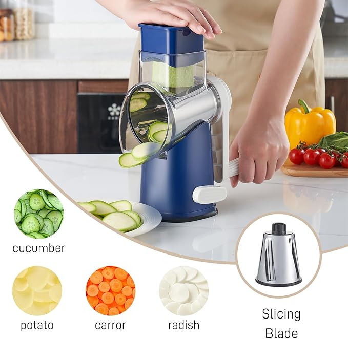 Rotary Cheese Grater with 4 Blades, Hand Crank Cheese Grater with Waffle Slicer, Black and White Cheese Slicer with Suction Base, Easier for Shredding& Grating (Blue, 4 Graters)