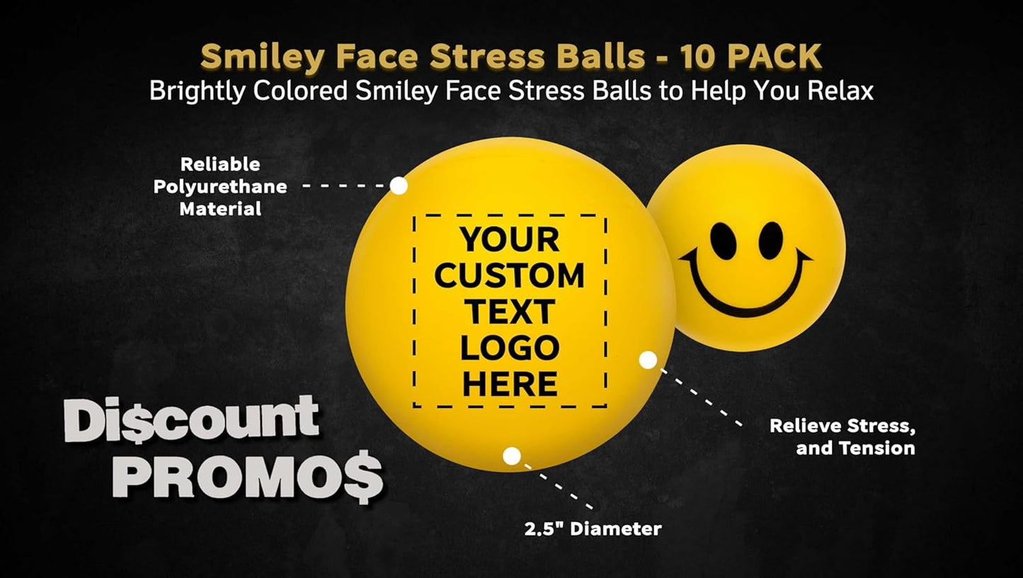 DISCOUNT PROMOS Custom Smiley Squeeze Balls Set of 10, Personalized Bulk Pack - Perfect for Promotional Giveaways - Yellow