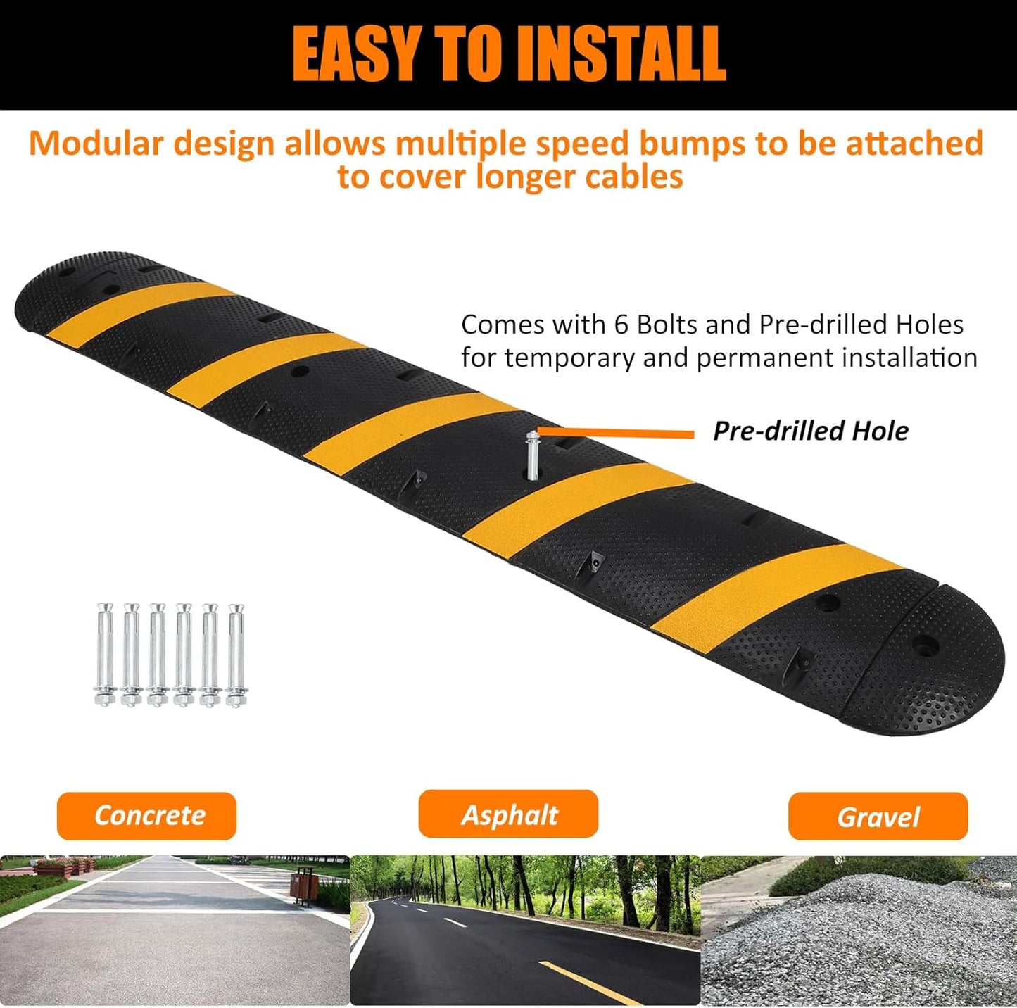 Speed Bump,84" Rubber Speed Bumps, 1 Pack 2 Channel Modular Speed Hump 25000LBS Capacity, Cable Ramps Hose Protector Ramps for Asphalt Concrete Gravel Driveway with 2 End Caps and 6 Bolt Spikes