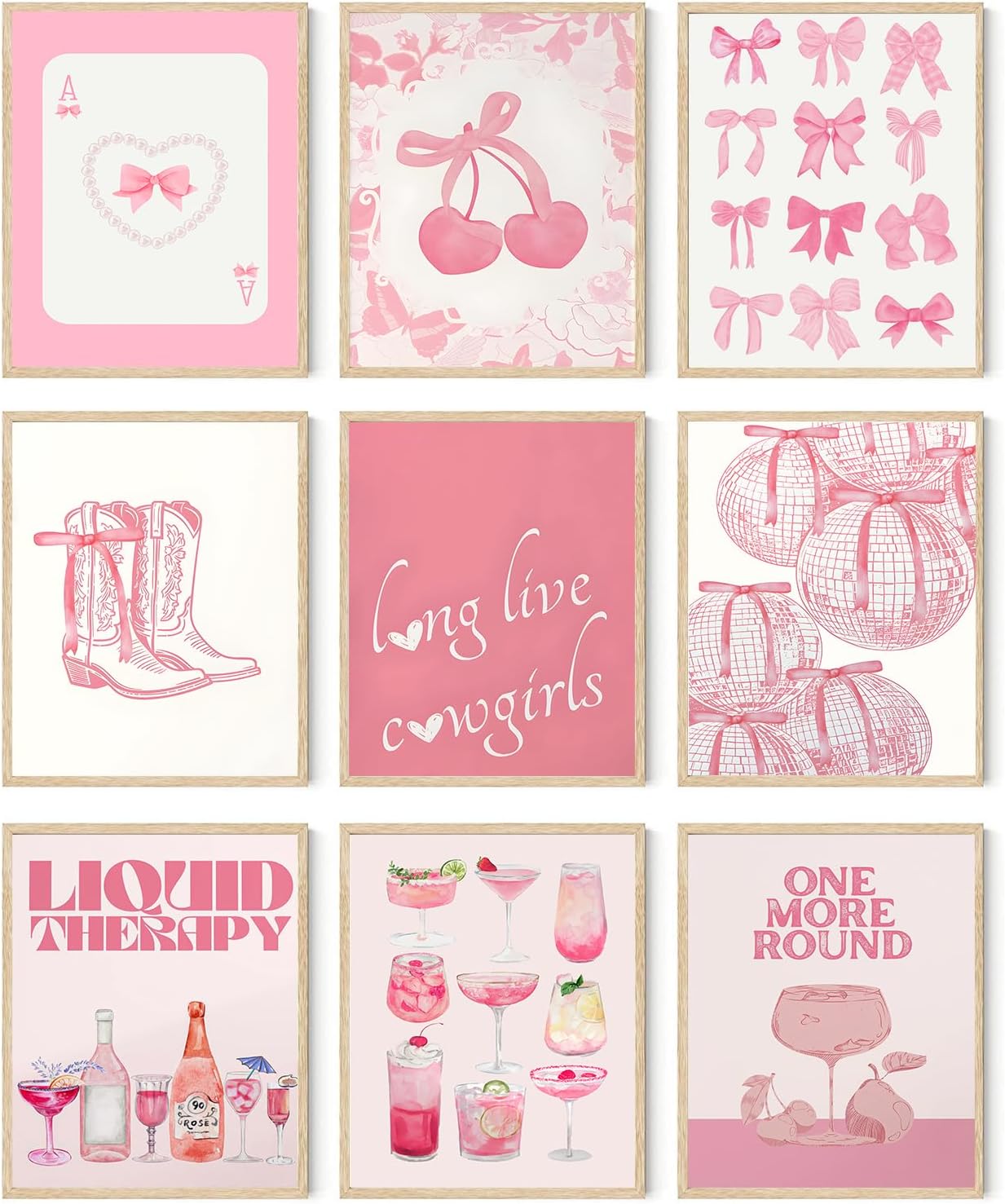 9Pcs Trendy Pink Bows Wall Art Prints Retro Bar Cart Champagne Cocktail Disco Ball Posters Long Live Cowgirls Preppy Coquette Room Decor Aesthetic Pictures for Girly Dorm Apartment Bedroom 8x10in