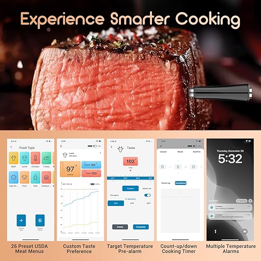 INKBIRD Wireless Meat Thermometer INT-11X-B, Bluetooth Meat Thermometer for Grilling and Smoking, App Remote Control, IP67 Waterproof, 25 Hours of Continuous Cooking, Stylish Gift for Men Women
