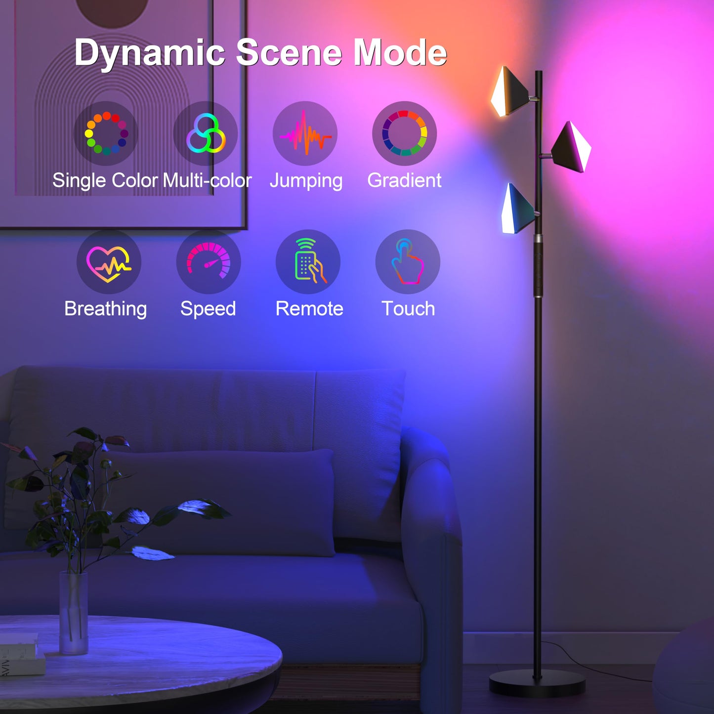 PARTPHONER RGB Tree Floor Lamp, Black, Stepless Dimmable, Remote & Touch Control, 3 Rotatable Lights, Model FLA-036-A2