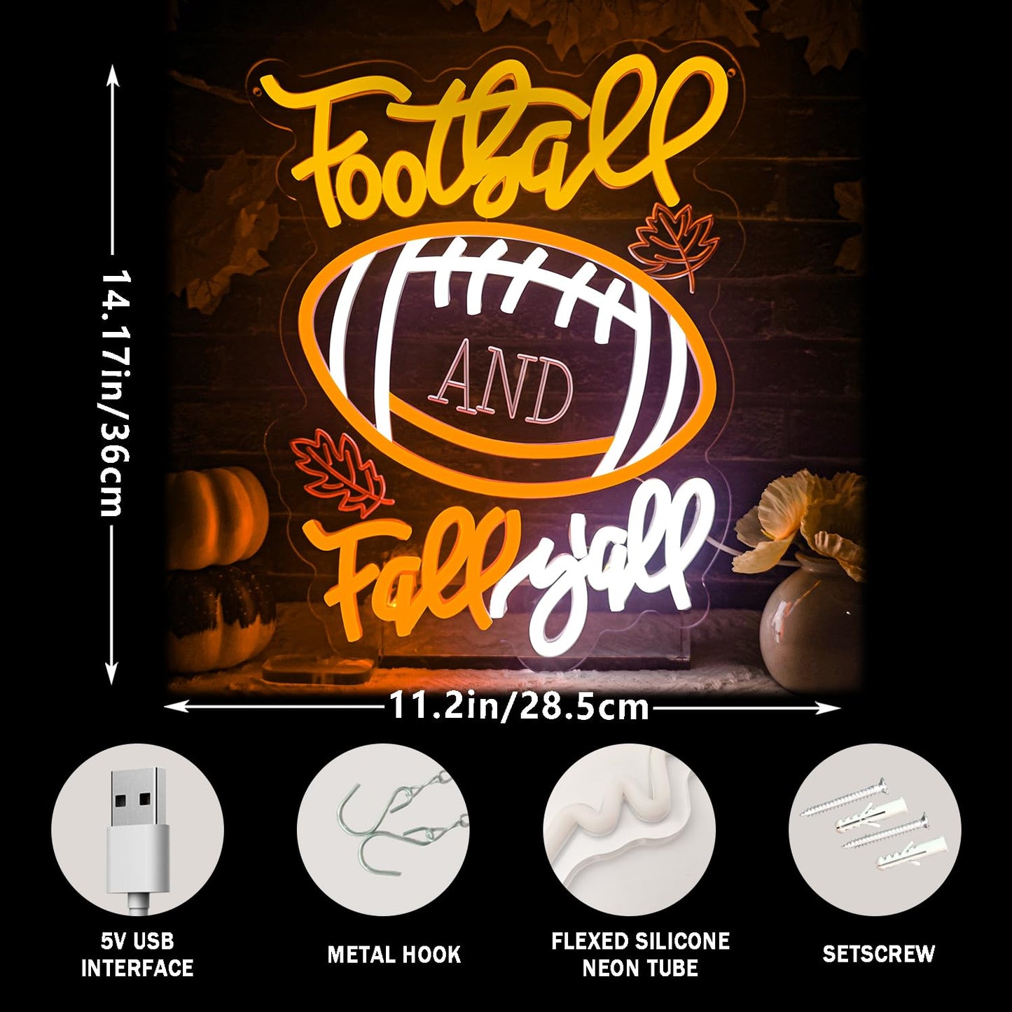 Football Fall YAll Neon Sign Maple Leaf Neon Sign Thanksgiving Led Neon Light Sign Thanksgiving Decorations For Autumn Room Bedroom Table Wall Decor Kids Holiday Gift Usb Powered