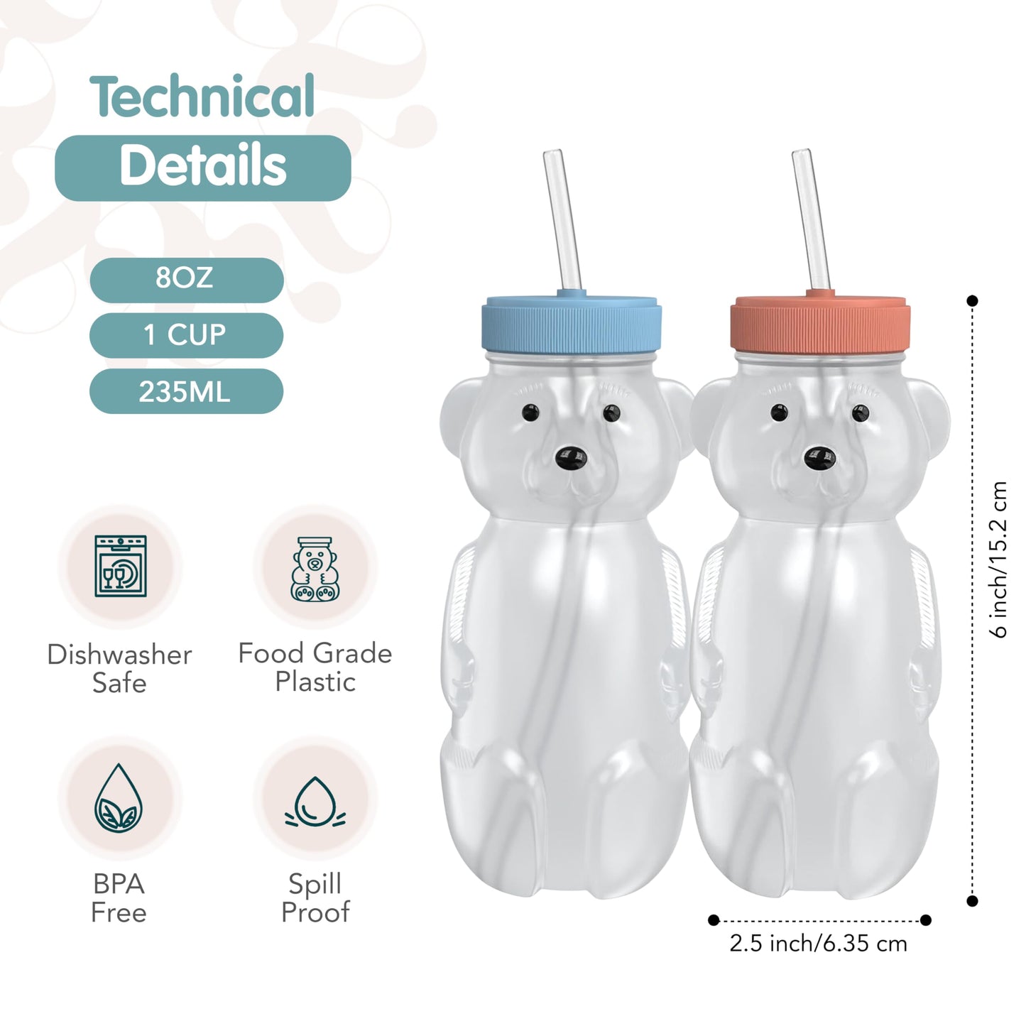 The 730 Project Honey Bear Straw Cup for Babies, 2-Pack Honey Bear Bottle with Travel Lid, Therapy Learning Honeybear Straw Cup, Baby Bottle Set, 8 oz, Blueberry Pie & Firetruck