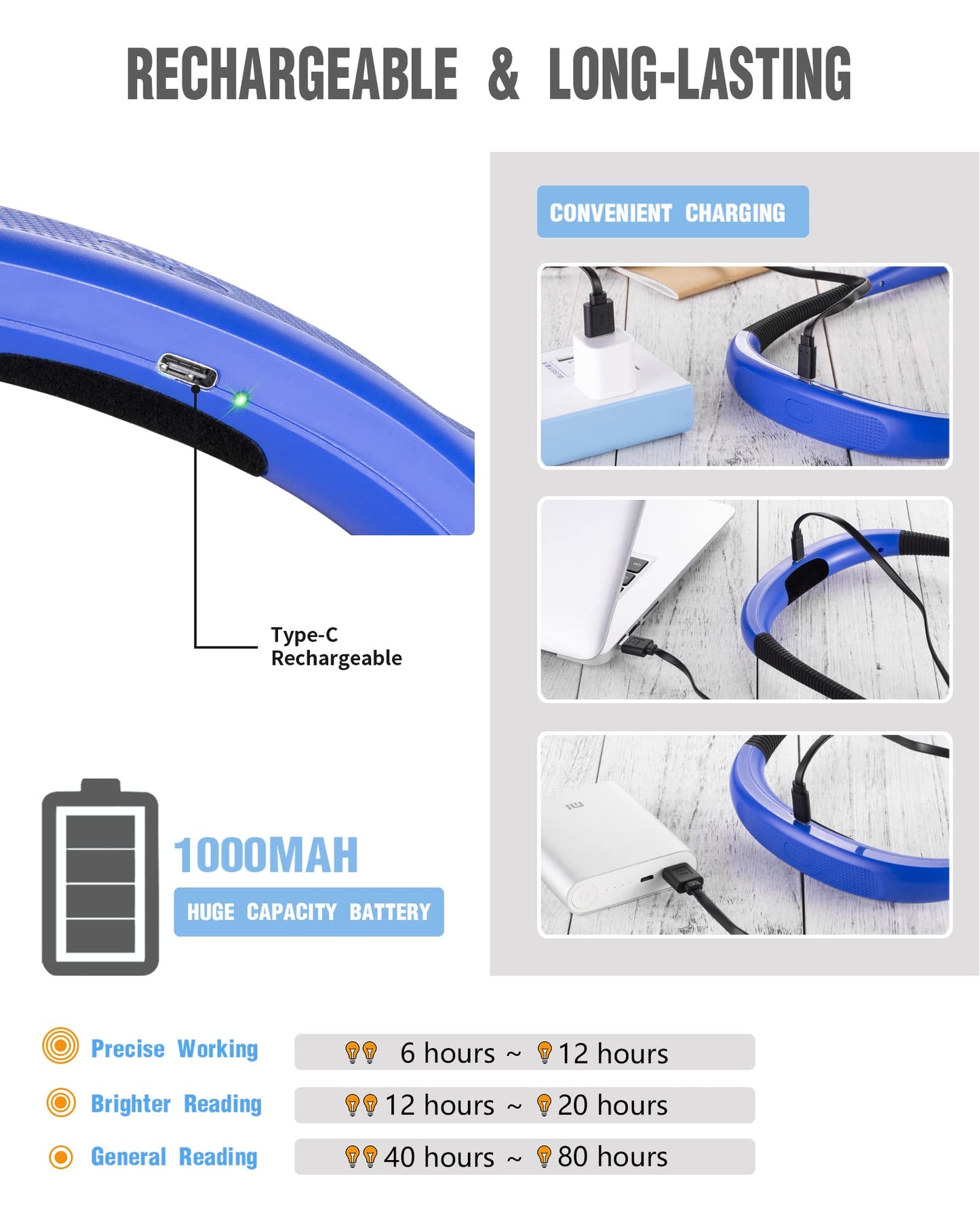Glocusent Book Light, 3-Color & 6-Brightness, Medium Size, Lake Blue, Model GLCSNTBL001, Rechargeable, Bendable Neck
