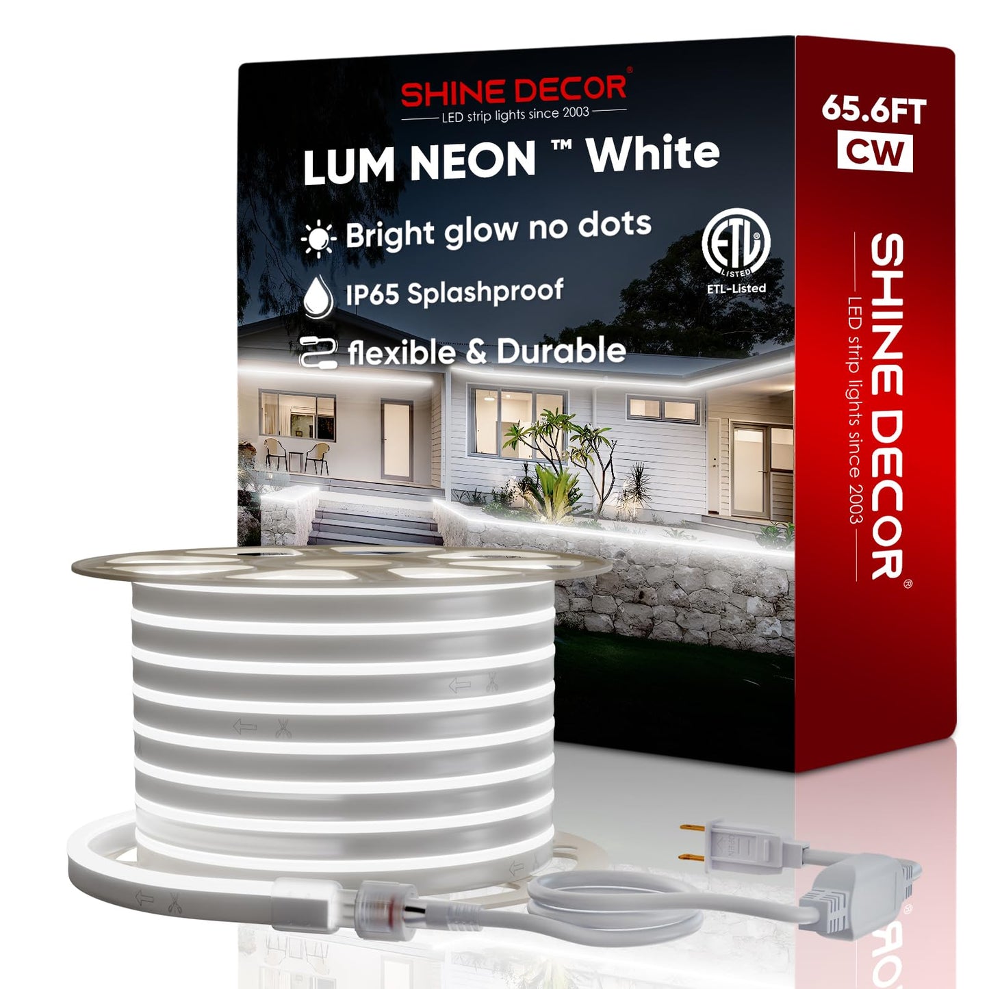 Shine Decor LED Neon Rope Lights, 65.6FT Cool White, Waterproof SMD2835, Indoor Outdoor Ambiance Lighting