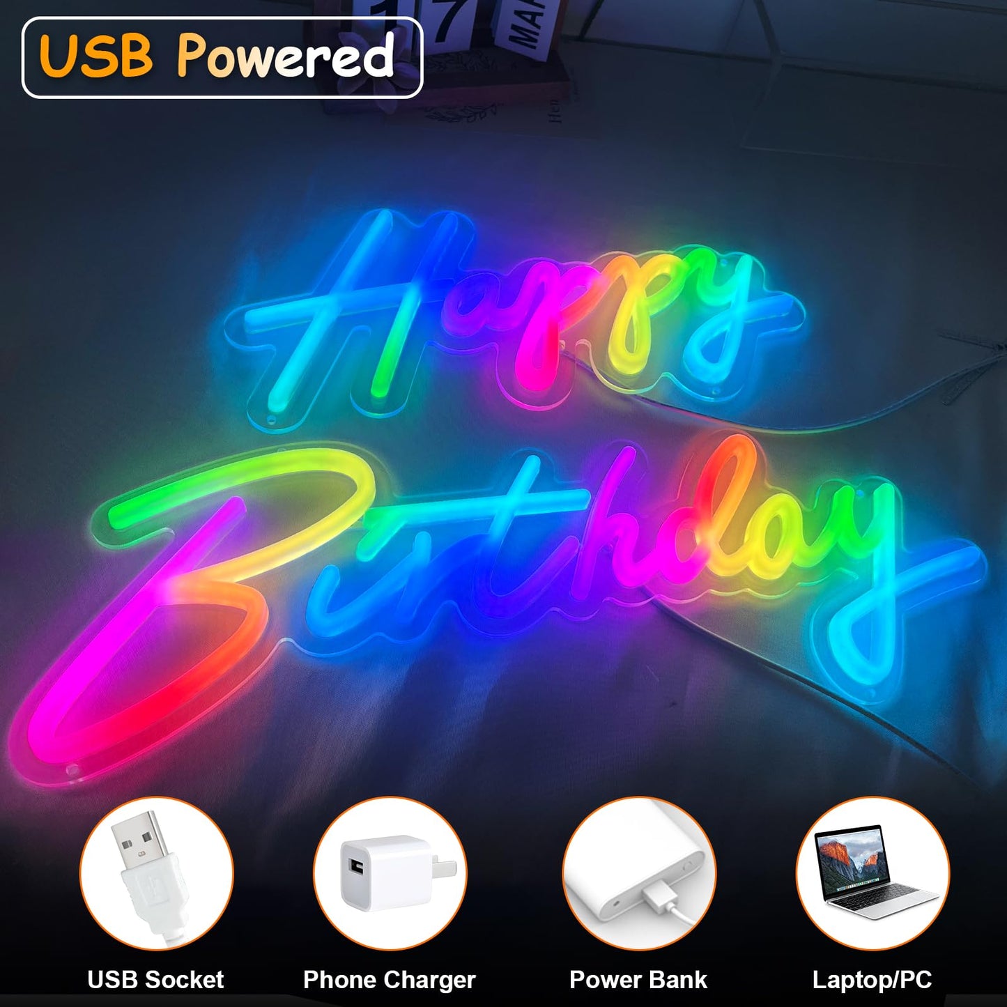 divatla Happy Birthday Neon Sign - 23inx8in, Multi-Color, LED with Remote, App Control, Model HBHC-01
