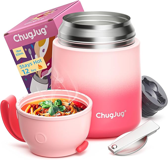Thermo for Hot Food for Adults Kids | Wide Mouth, 18 oz Insulated Food Jar with Spoon, Leakproof Soup Thermo for School Office Travel, Thermal Steel Lunch Container Easy to Carry (Pink)