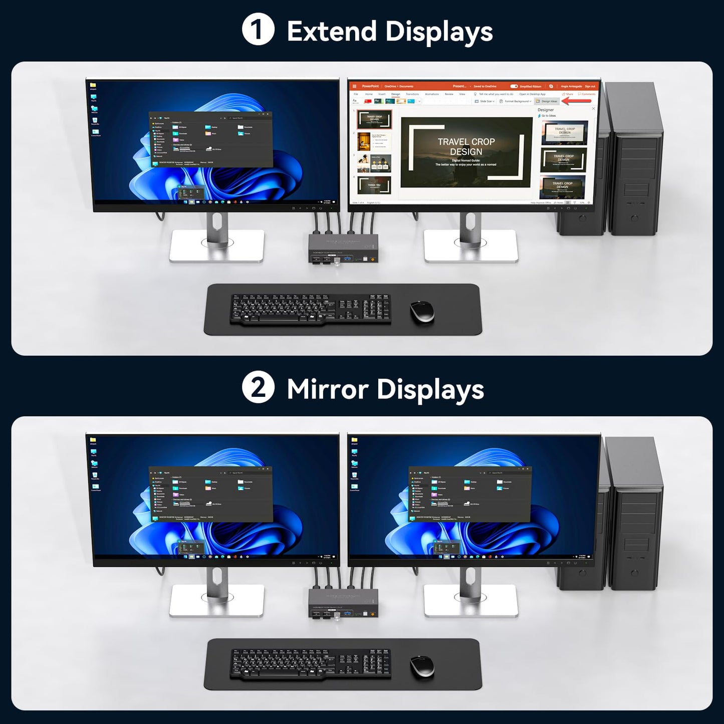 HDMI+Displayport KVM Switch 2 Monitors 2 Computers 4K@60Hz KVM Switcher for Two PC Share Dual Monitors and 4 USB 3.0 Ports Support Extended/Copy Mode with Desktop Controller&2 USB Cables