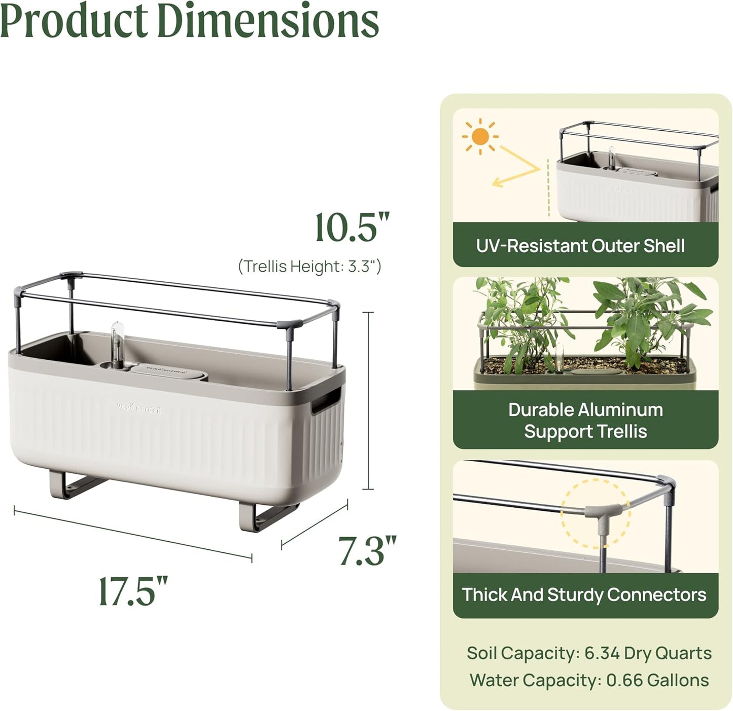 Vego Garden 2 Pack Herb Indoor Planter Box, Self Watering Pots with Trellis for Kitchen Window Sill or Countertop Plants Cage - Cream White