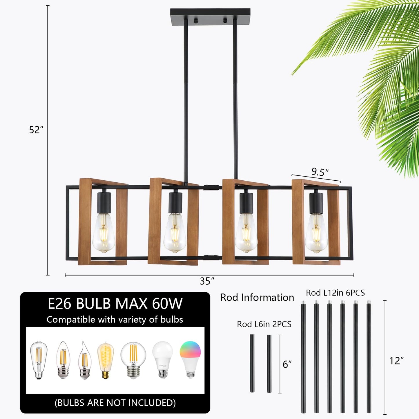 9MMML Kitchen Island Chandelier, 4-Light Wooden Frame, Matte Black Finish, Model P2028-04-WD