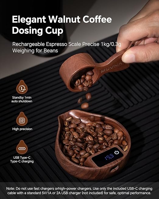 Coffee Bean Dosing Cup with Scale and Spray Bottle Kit - MUVNA Mini Rechargeable 0.1 Precision Single Dosing Tray Walnut Wood with LED Display for Coffee Grinder, Espresso, Tea, Kitchen Spice